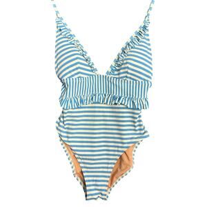 J.Crew Ruffle Stripe One Piece Swimsuit Blue White Size 6 Nautical Soft Cup